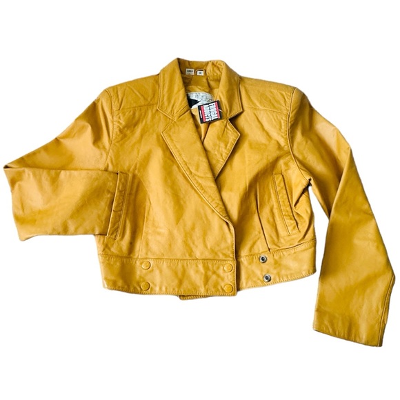 VINTAGE Yellow Cropped Genuine Leather Double Breast Jacket By Yucatan Bay Sz M - Picture 3 of 13
